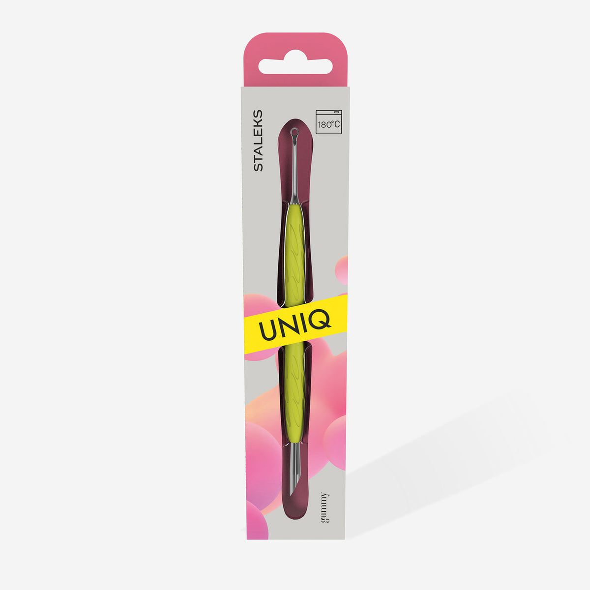 Manicure pusher Gummy with yellow silicone handle UNIQ 11 TYPE 2 (beveled and loop pusher)
