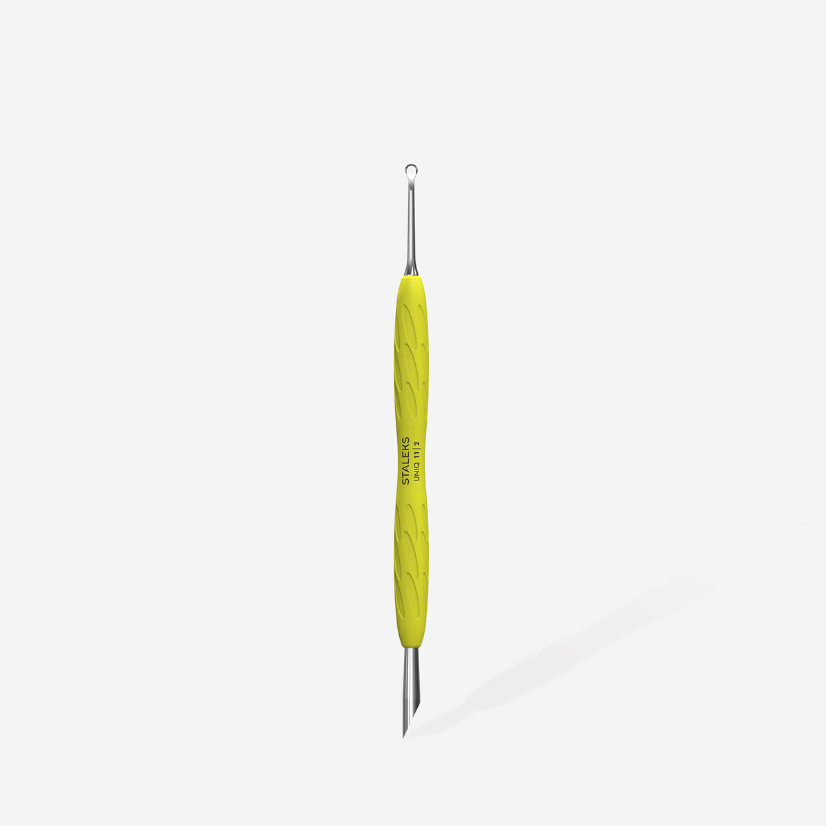 Manicure pusher Gummy with yellow silicone handle UNIQ 11 TYPE 2 (beveled and loop pusher)
